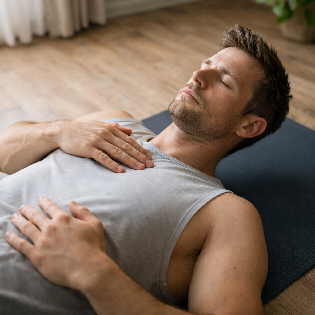Man practising relaxation breathing exercises on a yoga mat