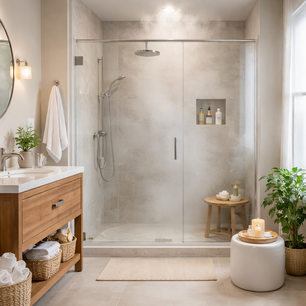 Clean bathroom with shower running for hygiene preparation